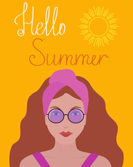 Greeting card Hello Summer. Bright vector illustration with a woman in sunglasses