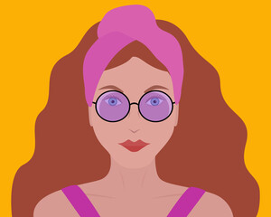 Portrait of a beautiful woman in sunglasses and a pink bandana. Bright vector summer modern illustration