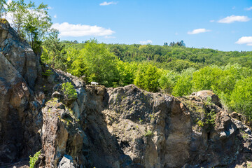 Lonely wild white goat depasturing on steep rocky cliff in volcanic garden Steffeln in Germany 