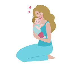 Obraz na płótnie Canvas Young happy sitting beautiful woman with newborn baby. Young mother holding baby. Vector illustration