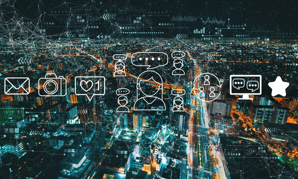 Social media theme with aerial cityscape view of Japan at night - Powered by Adobe