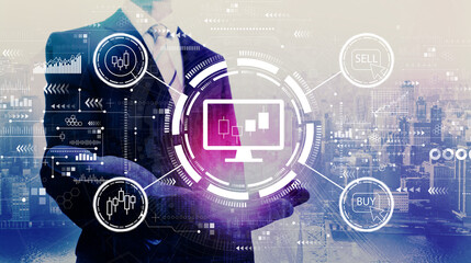 Stock trading theme with businessman on a city background