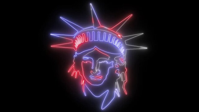 Neon glowing Statue of Liberty in New York. Symbol, emblem, label, logo design. 4th of July celebration, independence day, patriotism, tourism