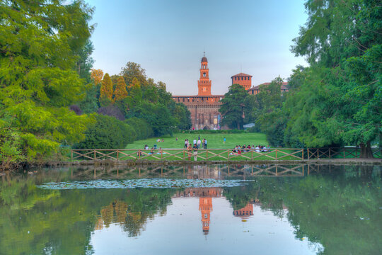 Castello Sforzesco viewed from Parco Sempione in Milano, Italy