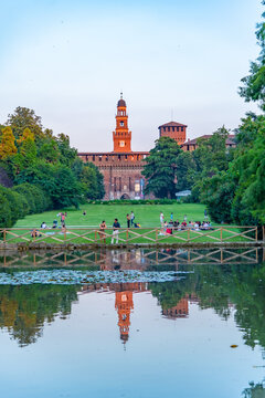Castello Sforzesco viewed from Parco Sempione in Milano, Italy