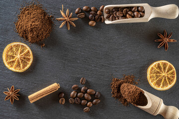 Food, drink caffeine background. Dark coffee beans for cup of black espresso breakfast in cafe. Morning energy concept and cheerfulness or evening refreshment. Copy space, top view