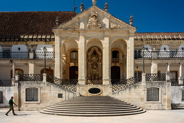 stairway to main entrance of coimbra university.
View on the courtyard of the old university with university tower in Coimbra city in the central Portugal - 355743431