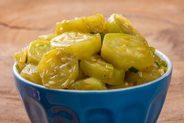 .Cooked gherkin dish. On a wooden table. Typical Brazilian dish