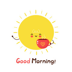 Cute happy funny sun with coffee mug