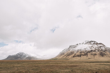A field of dry yellow grass, against the backdrop of snow-capped mountain peaks in Iceland, in cloudy weather.