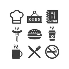 Restaurant and cafe icons set on white background.