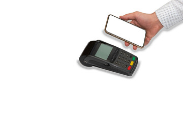 mobile pay  POS device and smart phone in a hand isolated on white background.