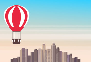 Fototapeta na wymiar Air balloon flying above town city banner poster. Vector flat cartoon graphic design illustration