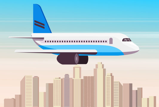 Airplane fly above city town. Vector flat cartoon graphic design illustration