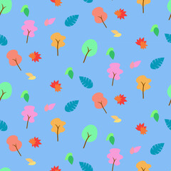cute colorful tree and fallen leaves on blue background seamless pattern wallpaper vector 