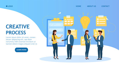 Creative Process in business concept with a diverse group of colleagues standing brainstorming new ideas and projects with lightbulb and pinned notices on the wall, colored vector illustration