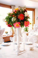 This is a beautiful table decoration with flowers
