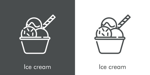 Fototapeta Símbolo vaso con 3 bolas de helado con cobertura de toppings y galleta. Icono plano lineal con texto Ice cream en fondo gris y fondo blanco obraz