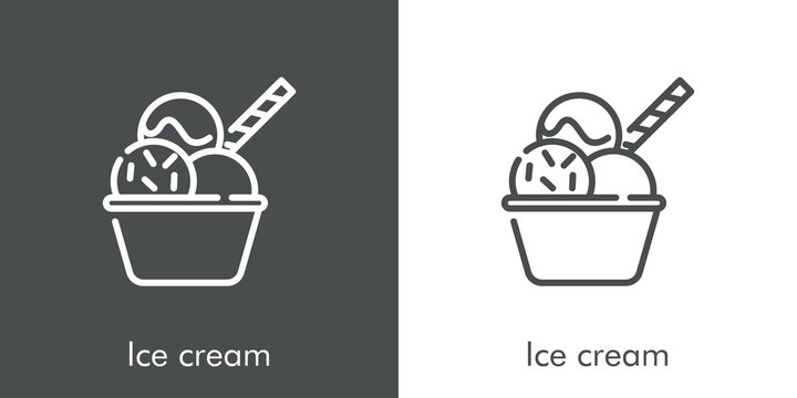 S&iacute;mbolo vaso con 3 bolas de helado con cobertura de toppings y galleta. Icono plano lineal con texto Ice cream en fondo gris y fondo blanco