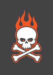 Vector symbol burning skull with crossbones for motorbike gang. Isolated on the dark background.