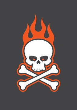 Vector symbol burning skull with crossbones for motorbike gang. Isolated on the dark background.