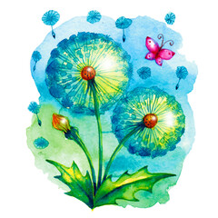 Watercolor hand drawn illustration of a dandelion blowball with seeds and fluttering butterfly on the green blue background