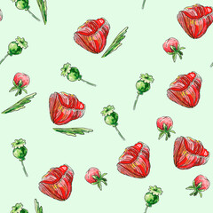 A variety of painted flowers and plants.