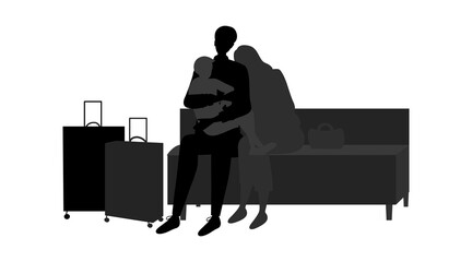 Family Travel Concept. People With Luggage Travelling Together. Silhouettes Of Parents With Child In Arms Sleeping Sitting In Airport Waiting For The Flight. Cartoon Flat Style Vector illustration