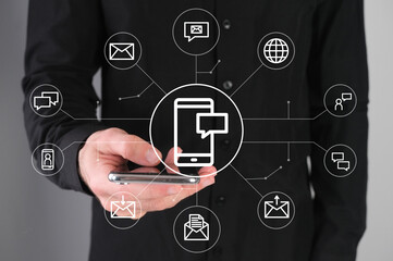 Message with a phone, communication concept, man with a phone in his hands