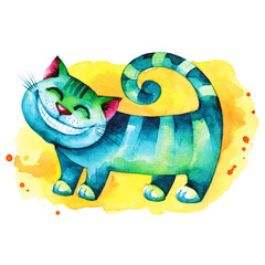 Watercolor hand drawn illustration of smiling striped cat on the yellow background
