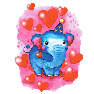 Watercolor hand drawn illustration of a cute elephant on the pink background with many red hearts