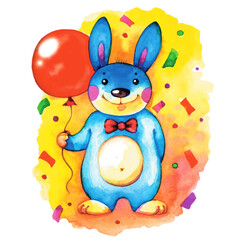 Watercolor hand drawn illustration of a cute bunny with red balloon on the yellow background with confetti