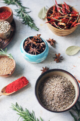Colorful indian spices and herbs in bowls on light concrete table