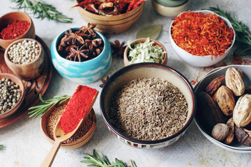Colorful indian spices and herbs in bowls on light concrete table