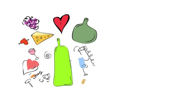 sketchy elements of picnic in paris isolated to side of card with drawings of cheese glasses wine bottles cork opener and a couple of romantic hearts