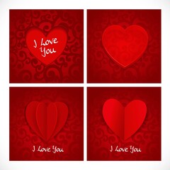 Valentine red banners set with paper heart on abstract background with swirls in red colors