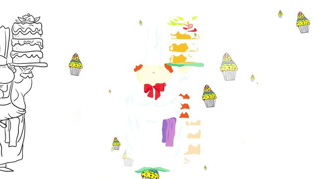 chubby chef holding a big cake in one hand with a refined pose wearing a clean uniform with appetizing cupcakes floating behind her suggesting she is a master