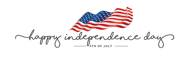 Independence day Happy 4th of july handwritten typography text USA wavy flag white background banner