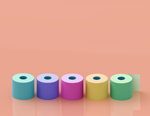 Simple rolls of multi-colored toilet paper, place for texts. 3d illustration