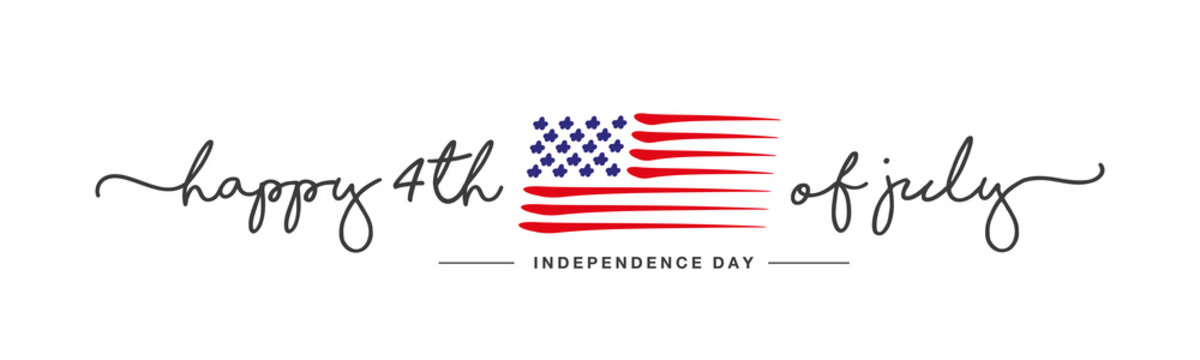 4th Of July Happy Independence Day Handwritten Typography Text USA Abstract Flag White Background Banner