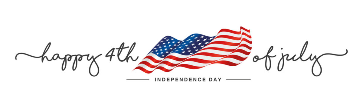 4th of july Happy Independence day handwritten typography text USA wavy flag white background banner