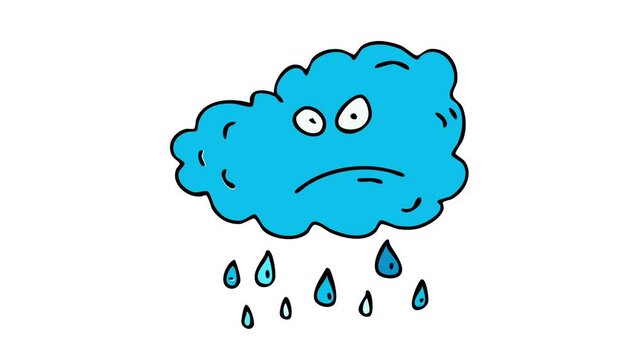 angry blue cloud annoyed to be so sad and creating rain for passersby making them uncomfortable suggesting the climate is changing and nature is frustrated