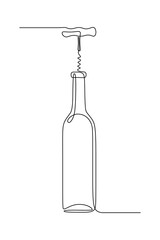 Bottle of wine with corkscrew in continuous line art drawing style. Minimalist black linear sketch isolated on white background. Vector illustration