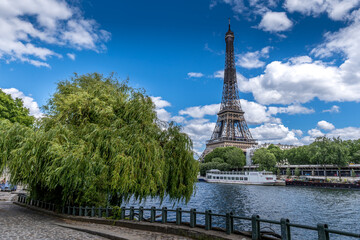 Fototapeta na wymiar Eiffer tower, view from the Seine river with tree, with river boats