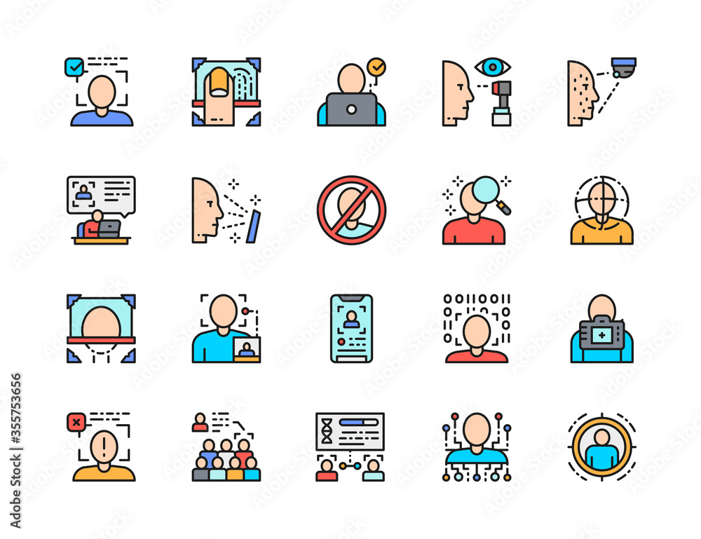 Poster set of face detection color line icons. id verification, fingerprint and more.