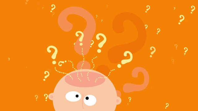 clueless man with interrogation expression pondering about a mystery digging on his memory and uncertain about an unknown thought or idea asking his mind with question marks