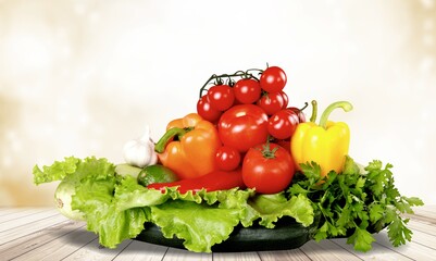 Fresh vegetable products on the desk at the kitchen