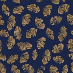 Gingko seamless vector pattern. Blue china background. Gold ginko leaves silhouette pattern. Floral Japanese outline ornament.