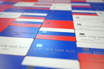 Flag of Russia on bank cards. National banking related 3D rendering