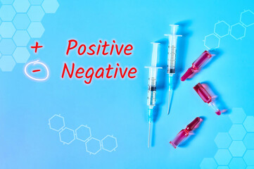 Abstract graphics with inscription positive, negative and syringe, vaccine. Medical concept